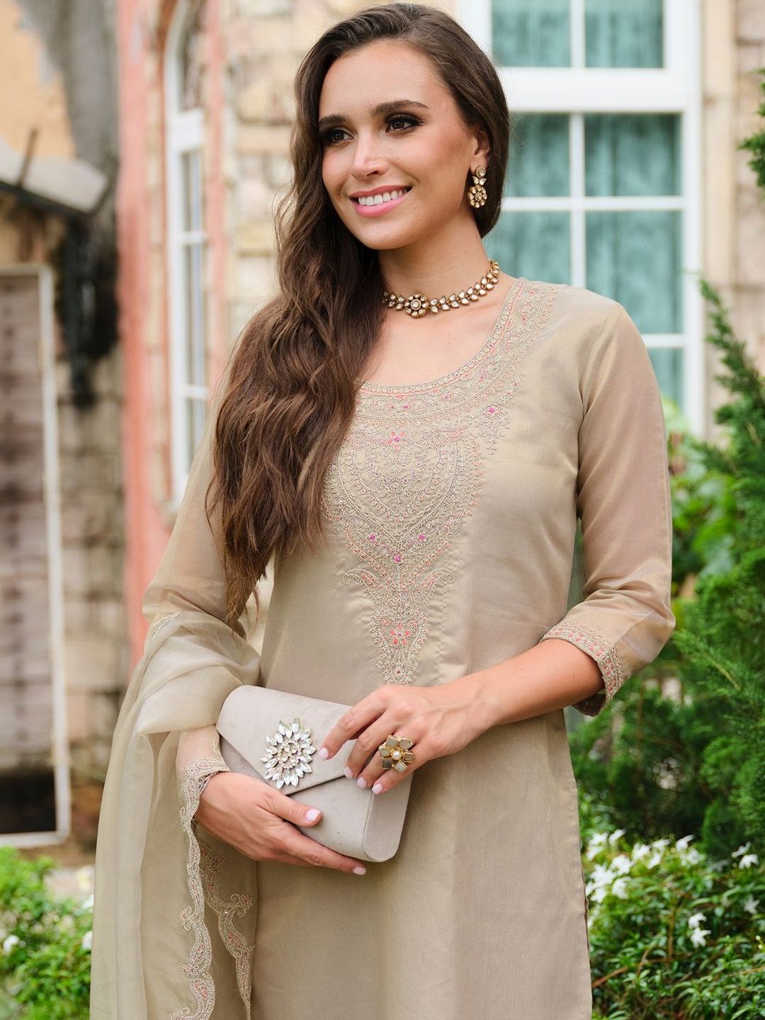 Women Ethnic Motifs Embroidered Regular Thread Work Kurta with Trousers & With Dupatta