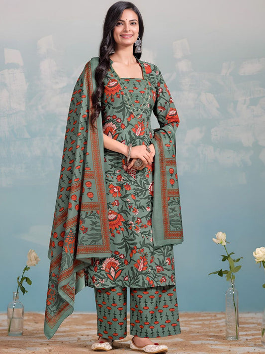 Dhiyona VA Women's Floral Printed Regular Kurta with Trousers & With Dupatta