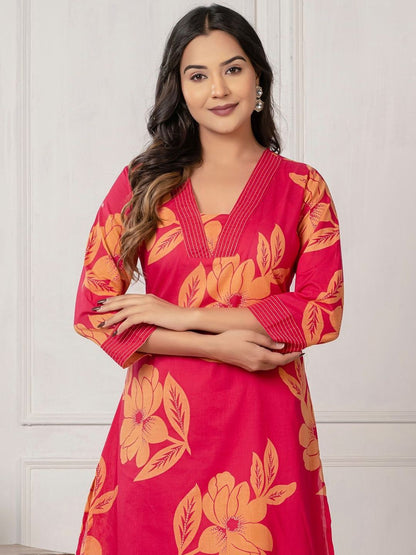 Women Floral Printed Regular Pure Cotton Kurta with Trousers