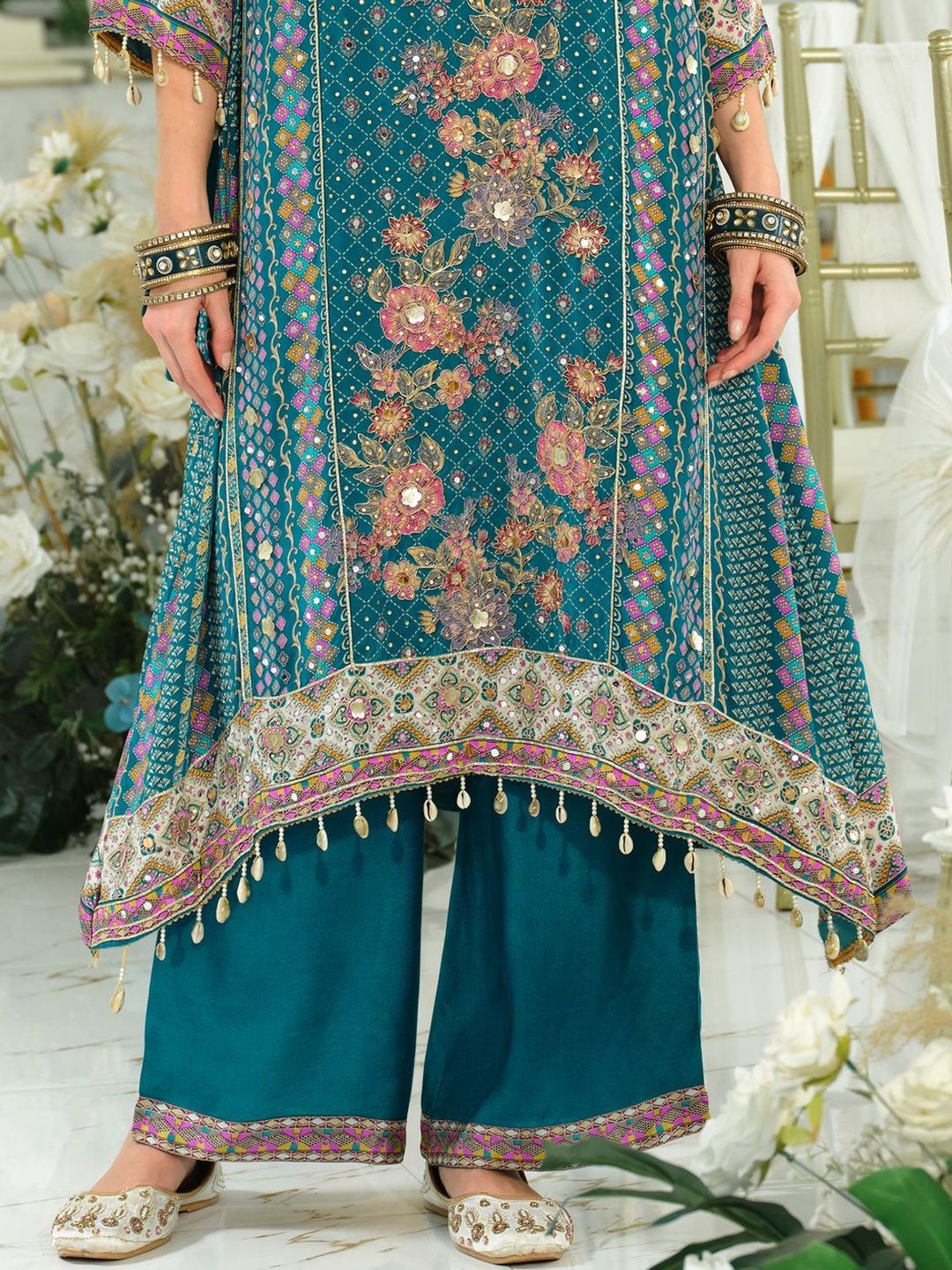 Ethnic Motifs Printed Mirror Work Pure Silk A-Line Kurta & Palazzos With Dupatta