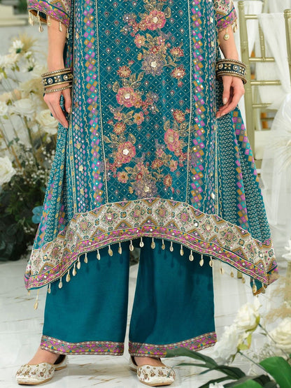 Ethnic Motifs Printed Mirror Work Pure Silk A-Line Kurta & Palazzos With Dupatta