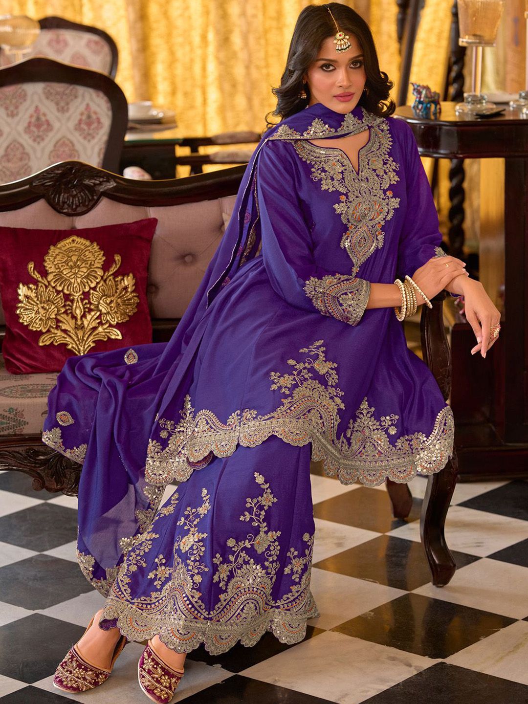 Floral Embroidered Sequinned Chinon A-Line Kurta With Palazzos & Dupatta