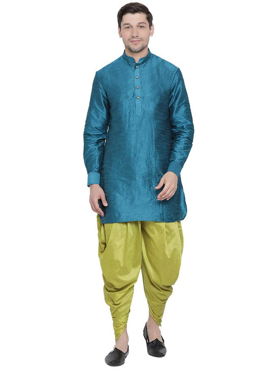 Men's Dark Green Silk Blend Pathani Kurta and Dhoti Set