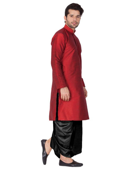Men's Maroon Silk Blend Straight Kurta and Dhoti Set