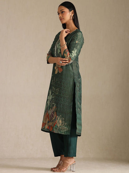 Dhiyona SO Women's Women Floral Printed Mirror Work Kurta with Trousers