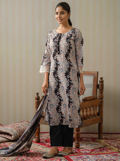 Dhiyona OD  Floral Printed Lace Inserts Kurta With Palazzos & Dupatta