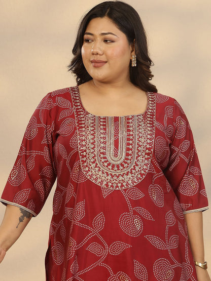 Dhiyona Women's Plus Size Ethnic Motifs Printed Straight Kurta With Palazzos & Dupatta