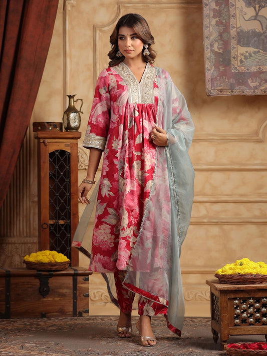 Dhiyona RR Women's Floral Printed Sequinned Pure Cotton Anarkali Kurta with Trousers & Dupatta