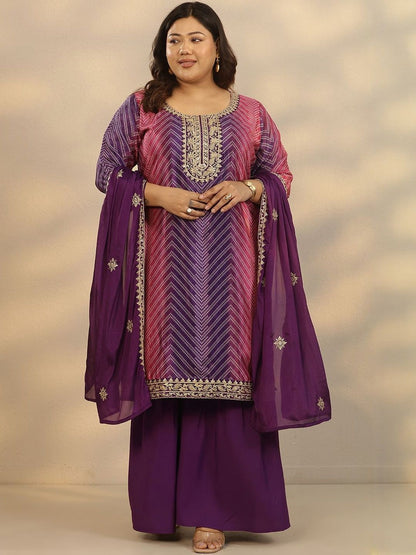 Dhiyona Women's Plus Size Printed Thread Work Kurta with Sharara & Dupatta