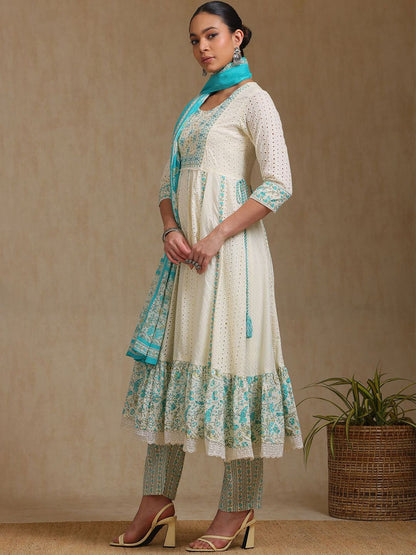 Dhiyona SO Women's Floral Self Design Panelled Thread Work A-Line Kurta With Trousers & Dupatta