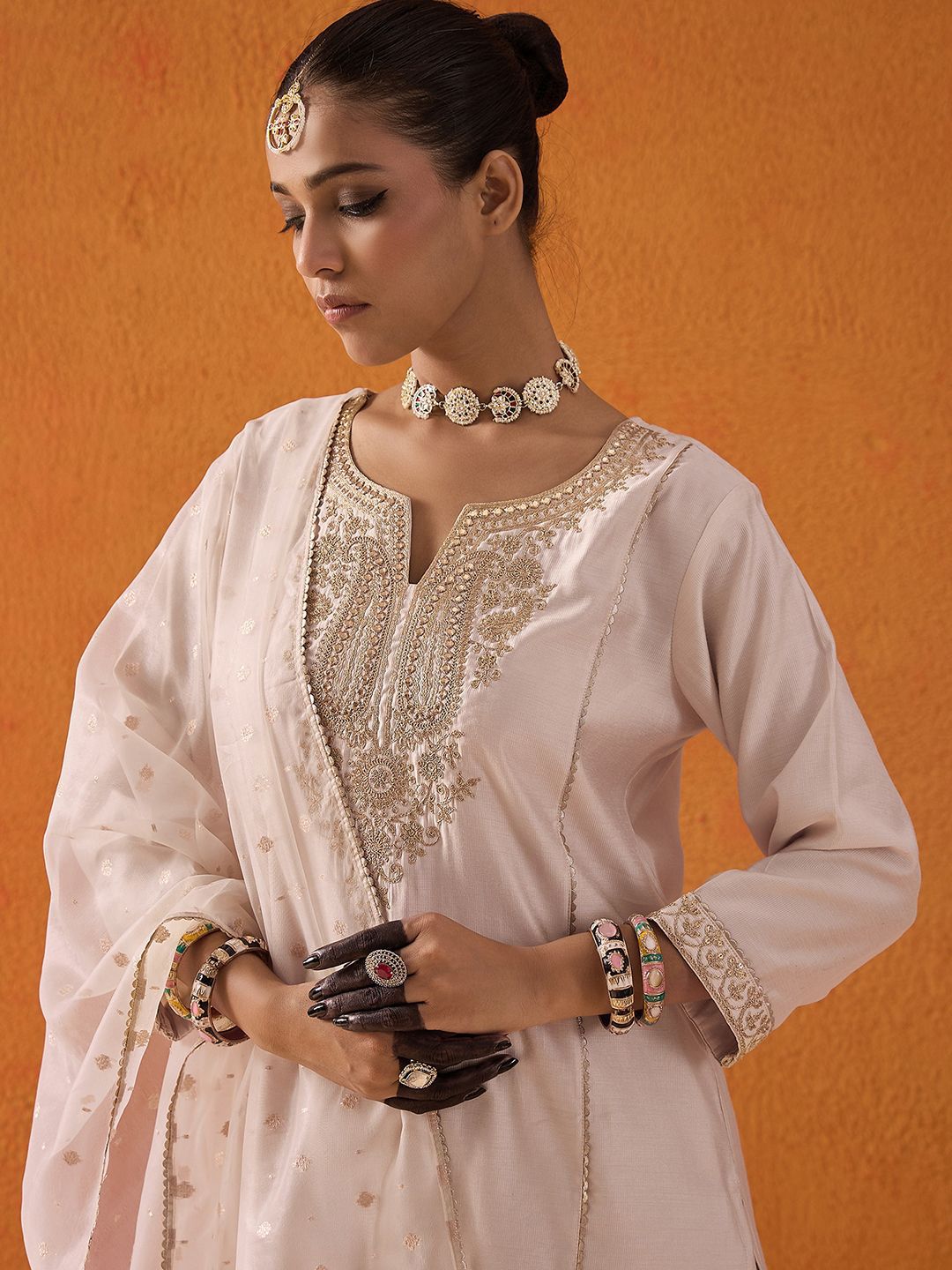 Dhiyona IE Paisley Embroidered Panelled Liva Straight Kurta With Trousers & Dupatta