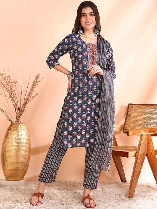 Dhiyona OD  Printed Thread Work Pure Cotton Kurta With Trousers & Dupatta