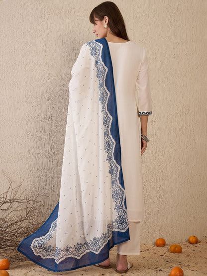 Women Floral Embroidered Regular Thread Work Pure Cotton Kurta with Trousers & With Dupatta