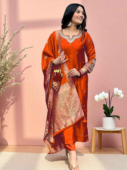 Dhiyona SN Women's Embroidered Straight Kurta Pyjama & Dupatta