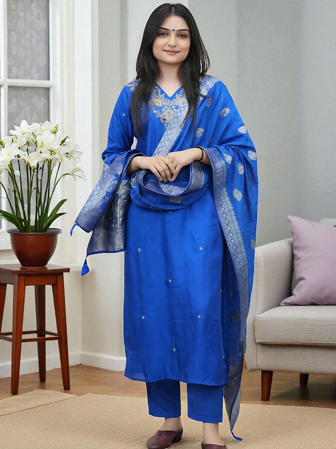 Dhiyona SN Women's Floral Embroidered Thread Work V-Neck Straight Kurta With Trouser And Dupatta