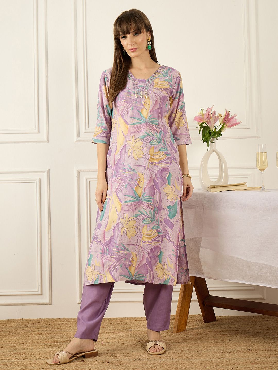 Floral Printed Thread Work Pure Cotton Kurta With Palazzos