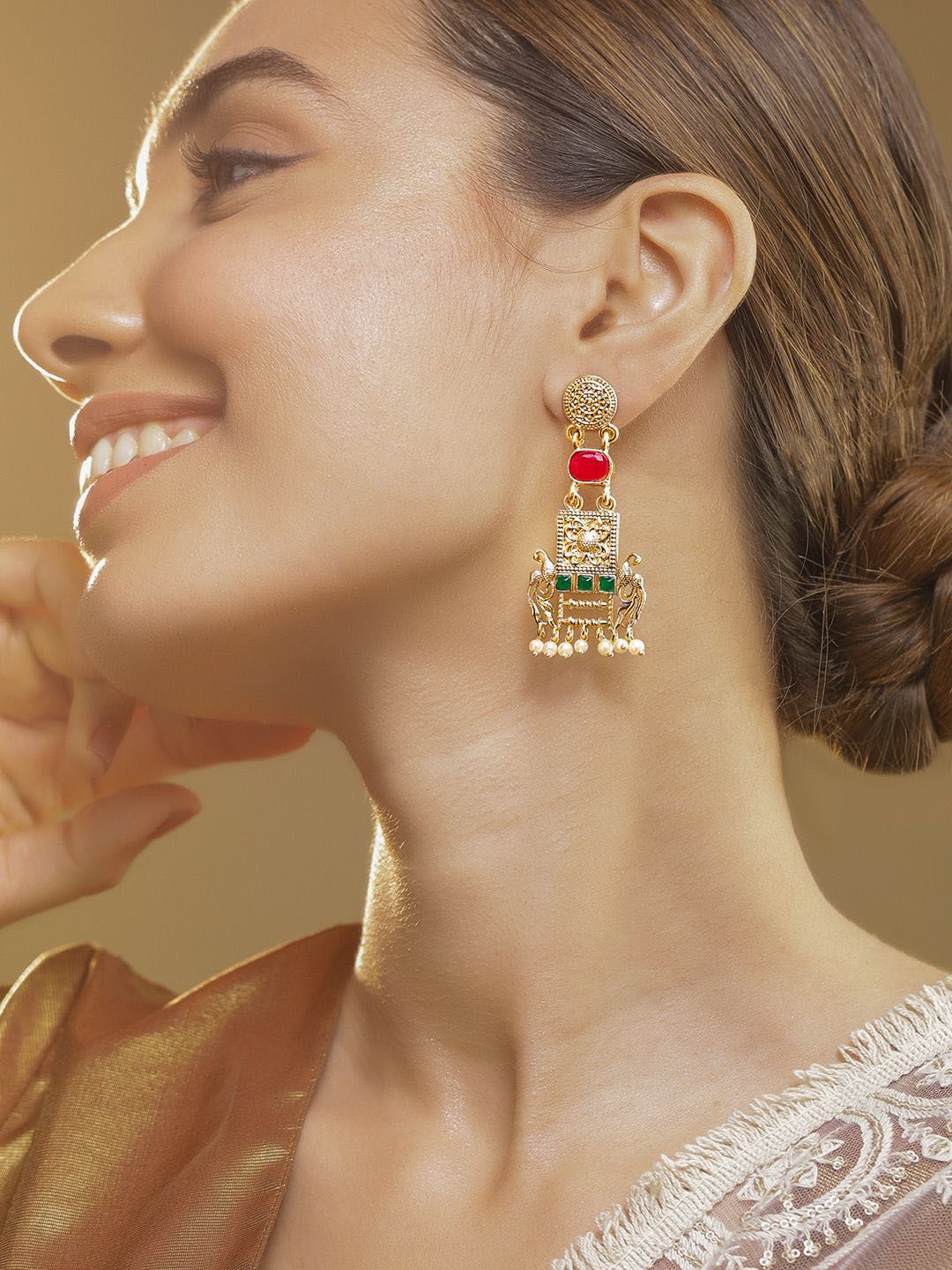 Dhiyona RJ Women's 22K Gold Plated Ruby & Emerald Studded & Pearl Beads Peacock Motif Dangle Earrings