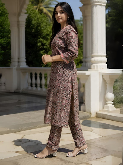 Dhiyona IE Women's Floral Printed Pure Cotton Straight Kurta With Trousers