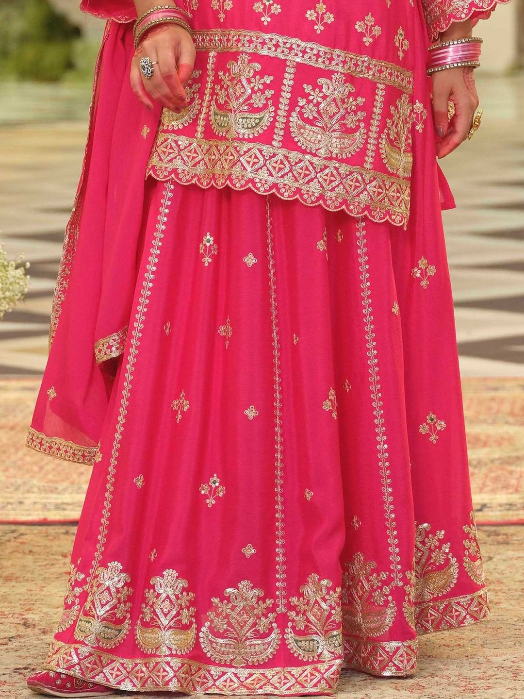 Dhiyona IE Ethnic Motifs Embroidered V-Neck Straight Kurta With Sharara & Dupatta