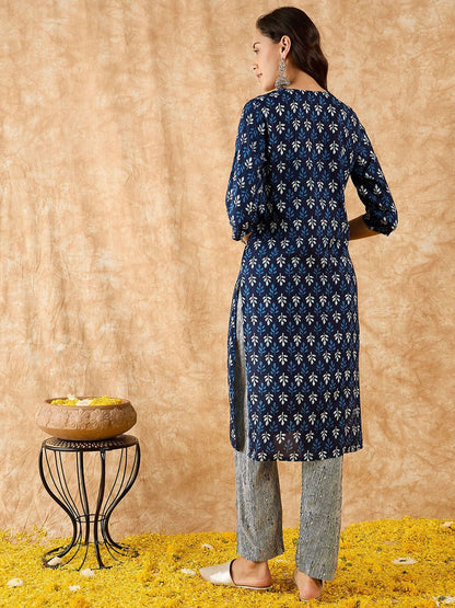 Dhiyona IE Ethnic Motifs Printed Straight Sequinned Kurta with Trousers
