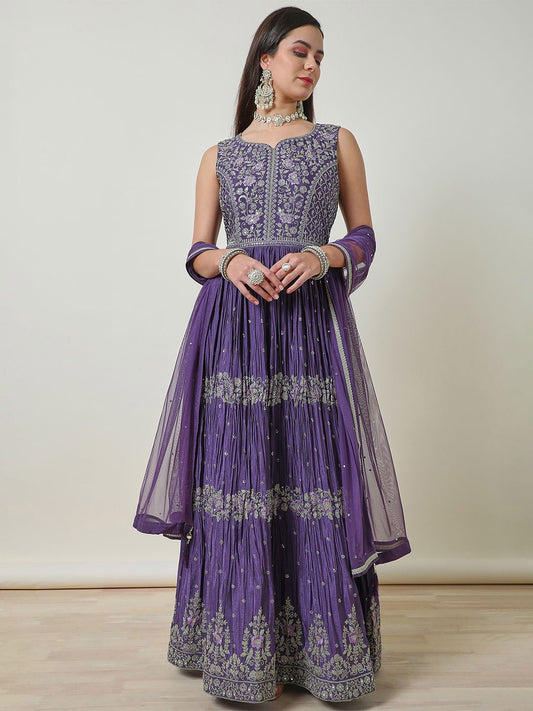 Dhiyona SO Women's Women Floral Embroidered Pleated Mirror Work Kurta with Churidar & With Dupatta