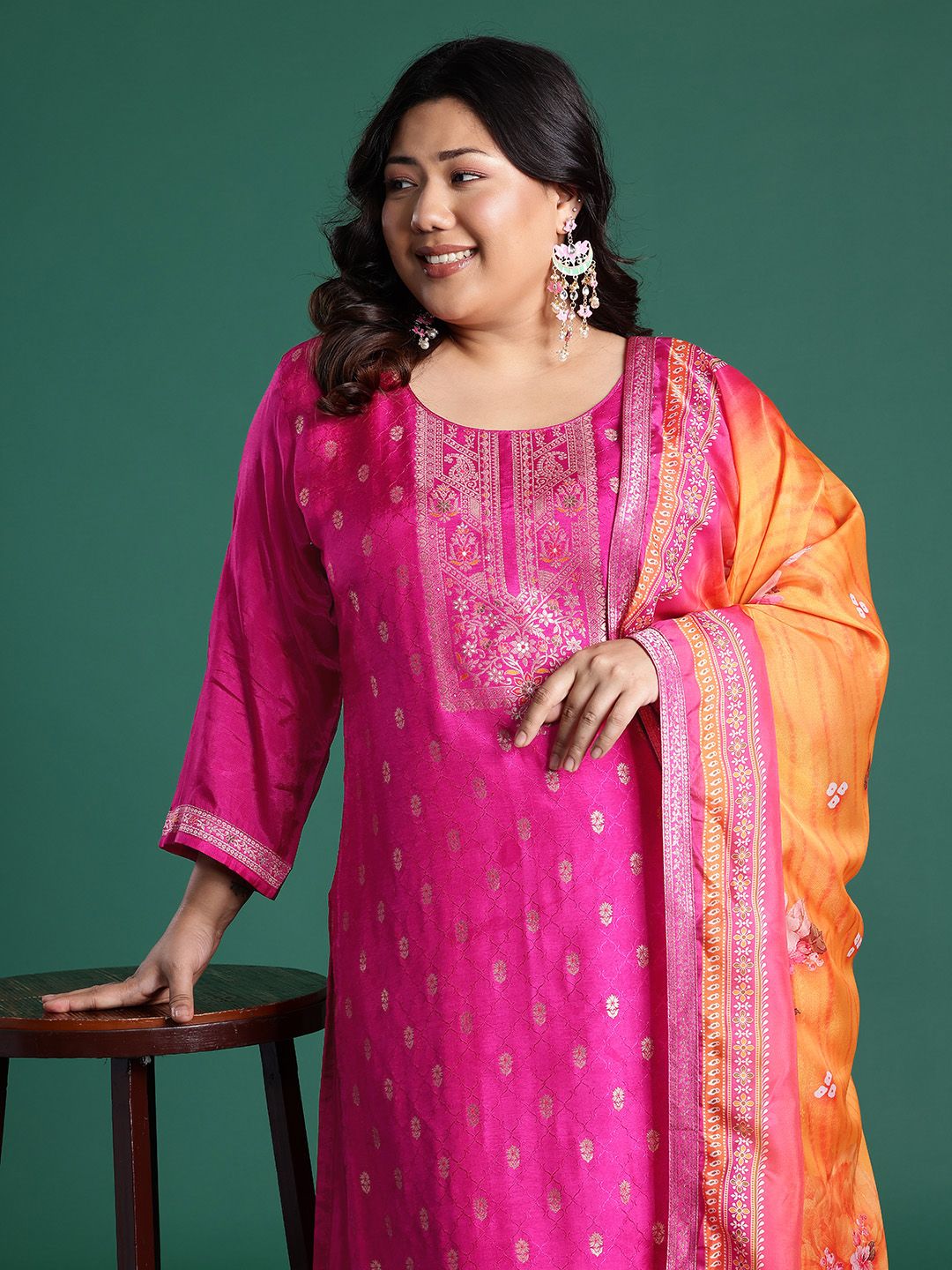 Dhiyona IE Plus Size Woven Design Kurta with Palazzos & Dupatta