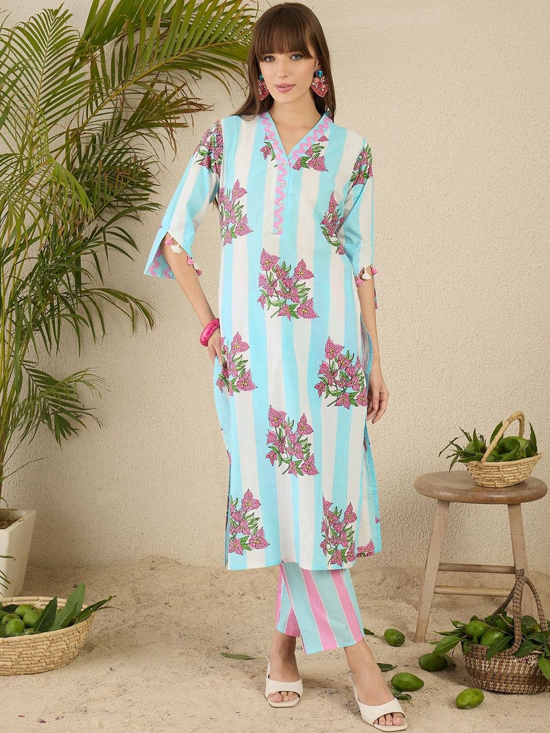 Women Floral Printed Regular Pure Cotton Kurta with Trousers