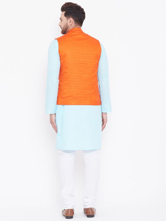 Men's Aqua Cotton Blend Straight Jacket  Kurta and Pyjama Set