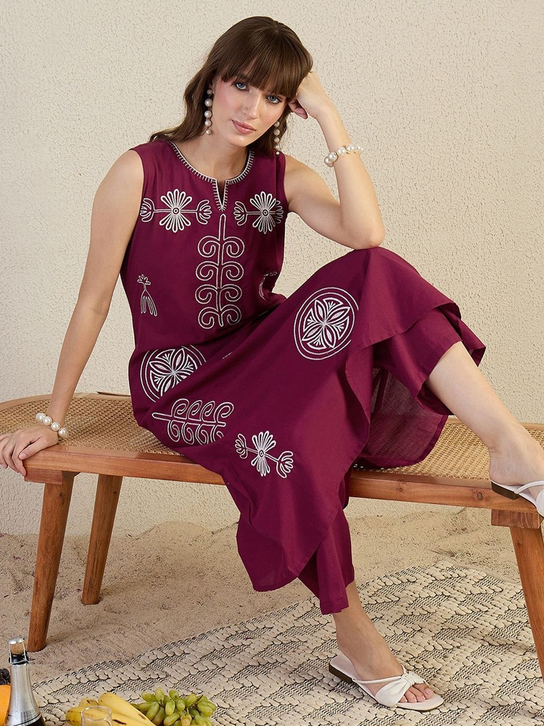 Women Ethnic Motifs Embroidered Regular Thread Work Pure Cotton Kurta with Palazzos