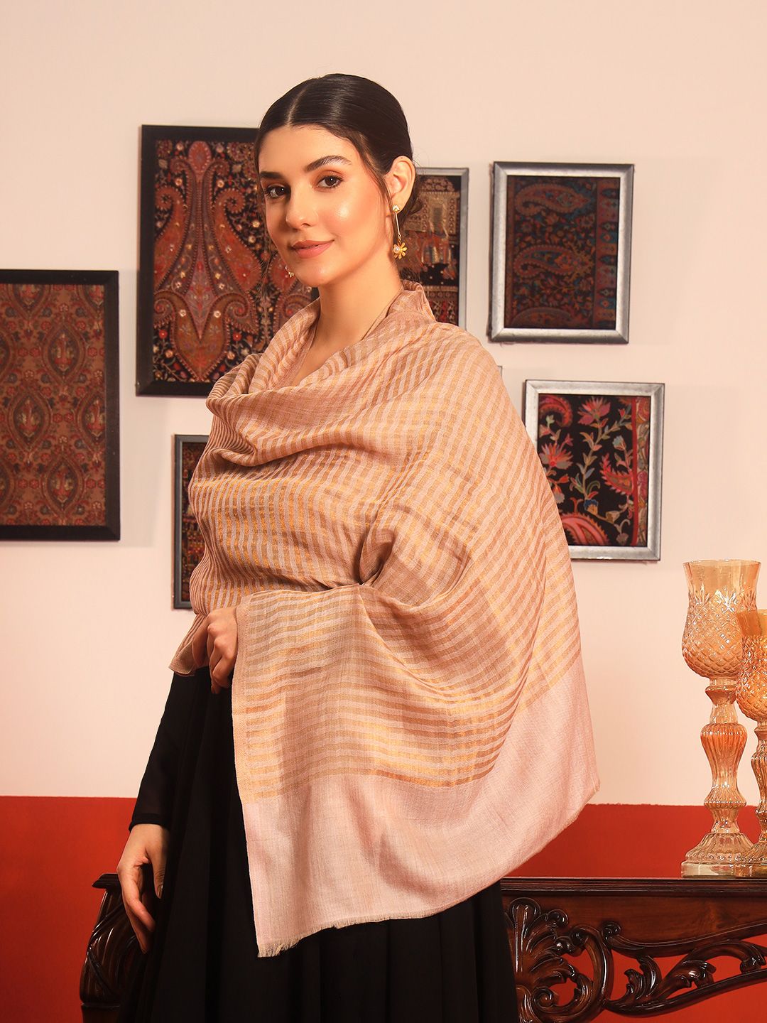 Dhiyona PA Striped Woven Design Woollen Reversible Shawl