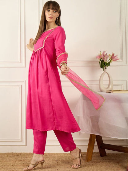 Yoke Design Notch Neck Regular A-Line Kurta With Trousers & Dupatta