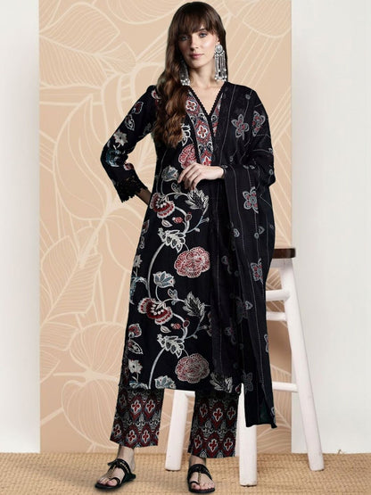 Women Floral Printed Regular Pure Cotton Kurta with Trousers & With Dupatta