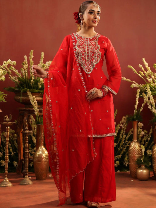 Dhiyona SC Red Women Ethnic Motifs Embroidered Thread Work Kurti with Sharara & Dupatta