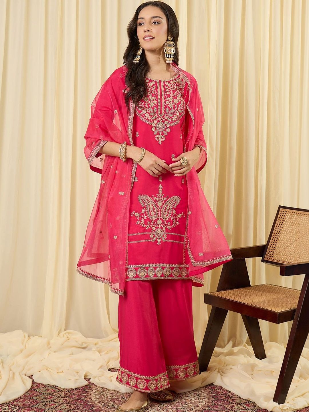 Women Ethnic Motifs Embroidered Regular Thread Work Kurta with Palazzos & With Dupatta