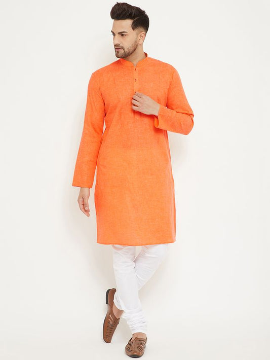 Men's Orange Cotton Blend Straight Kurta Pyjama Set