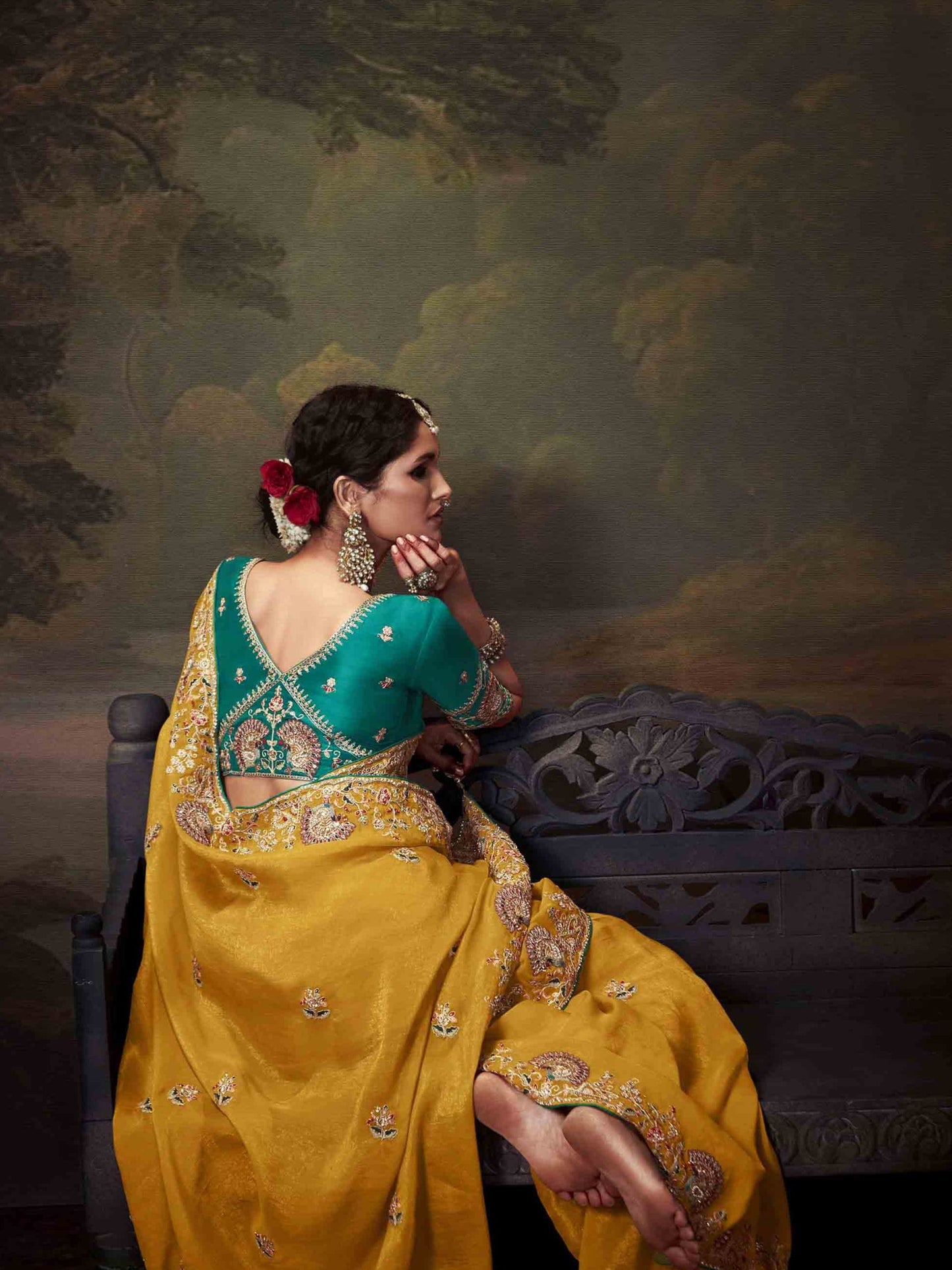 Dhiyona KM Women Mustard Yellow Designer Organza Silk Saree