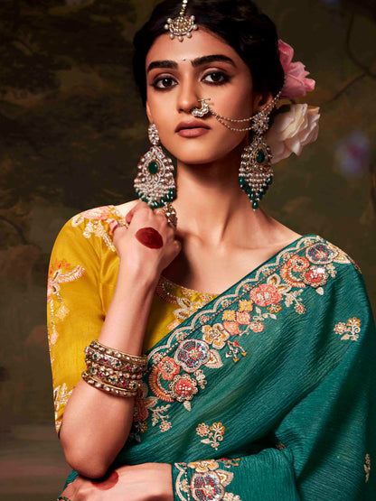Dhiyona KM Women Teal Green Designer Organza Silk Saree With Yellow Contrast Blouse