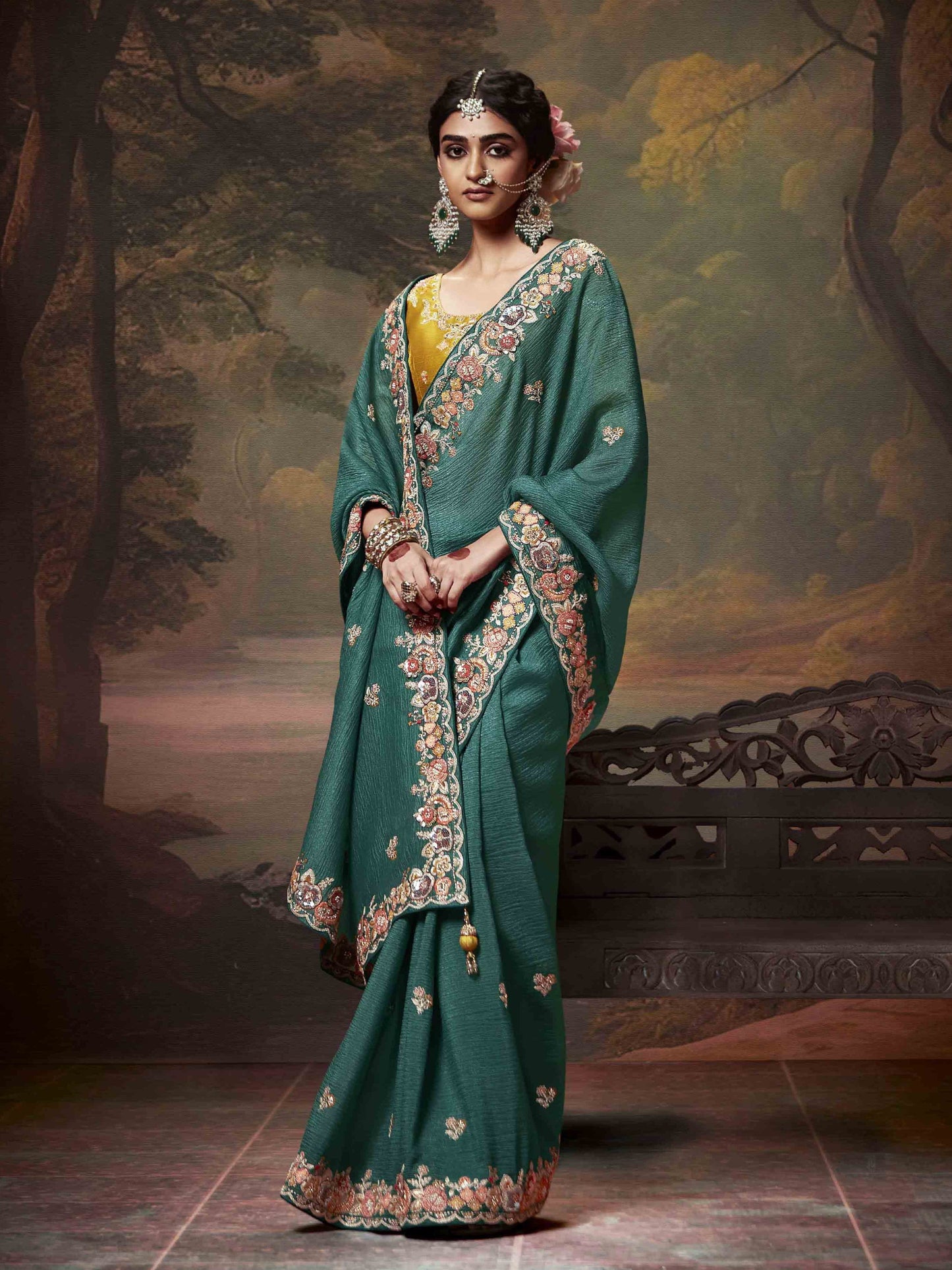 Dhiyona KM Women Teal Green Designer Organza Silk Saree With Yellow Contrast Blouse