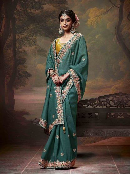 Dhiyona KM Women Teal Green Designer Organza Silk Saree With Yellow Contrast Blouse