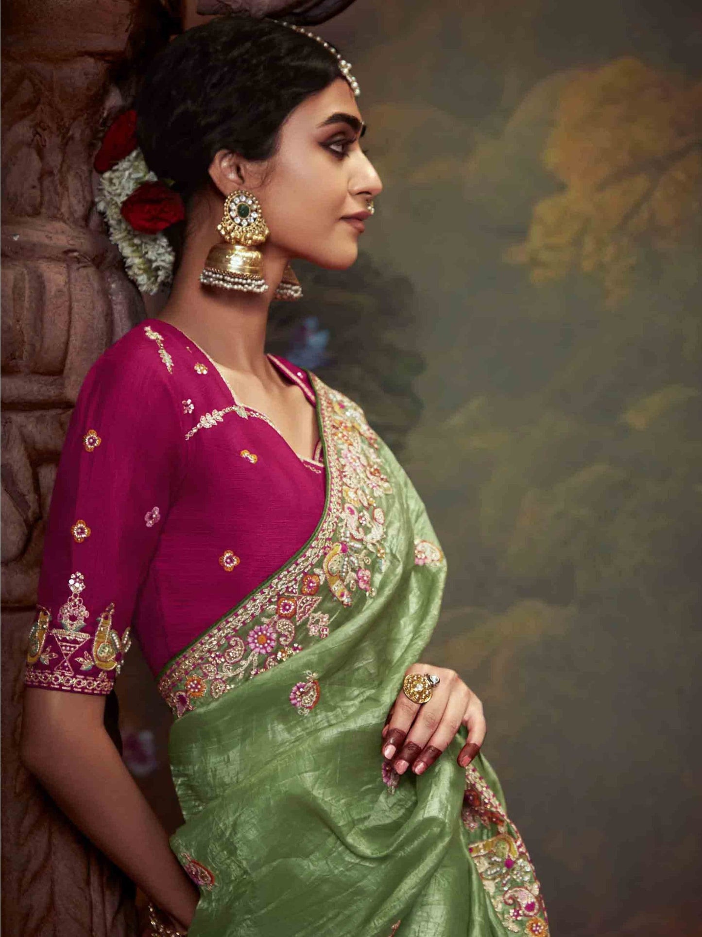 Dhiyona KM Women Sage Green Crushed Silk Saree With Royal Pink Embroidered Blouse