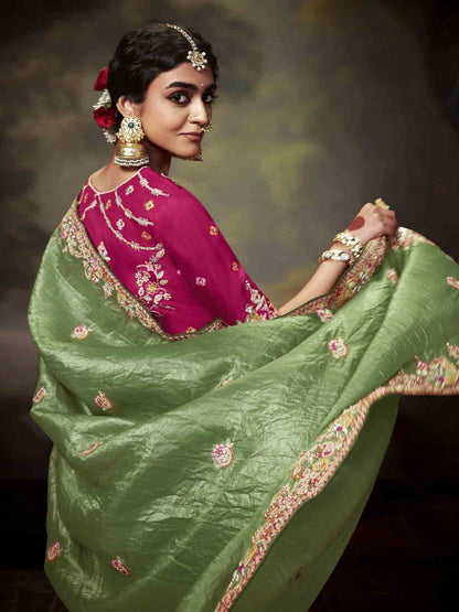 Dhiyona KM Women Sage Green Crushed Silk Saree With Royal Pink Embroidered Blouse