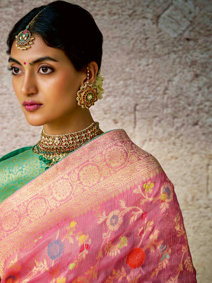 Dhiyona KM Women Graceful Pink Banarasi Silk Saree With Contrast Green Designer Blouse