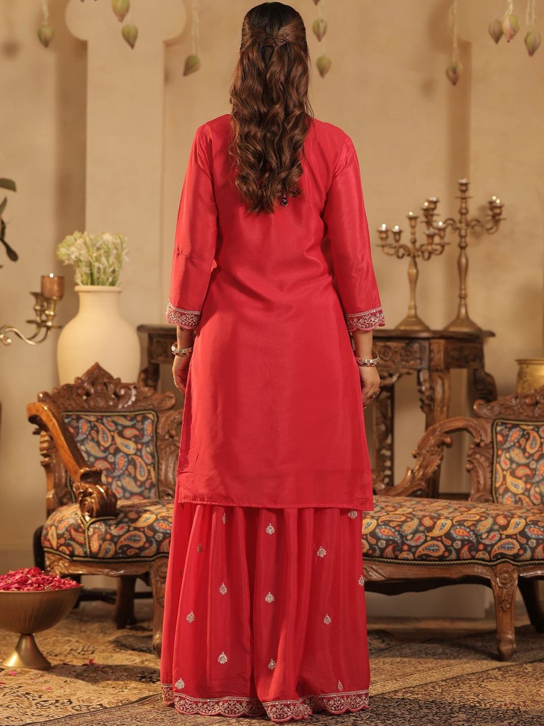 Ethnic Motifs Embroidered Straight Chinon Kurta & Palazzos With Dupatta