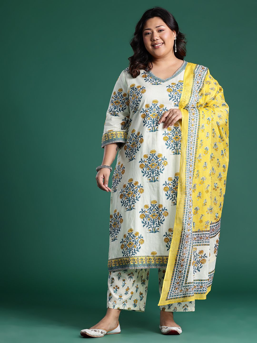 Floral Print Cotton Kurta with Trousers & Dupatta