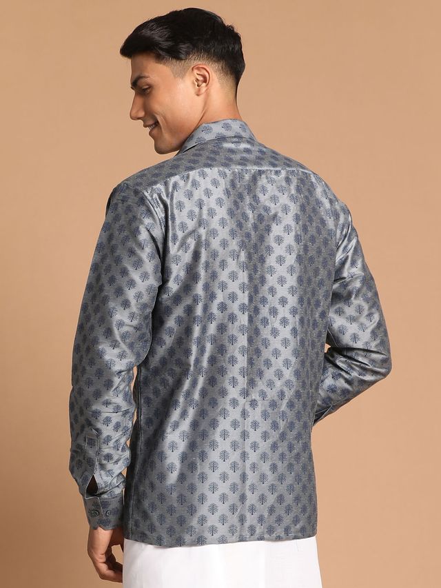 Men's Grey Viscose Blend Straight Ethnic Shirt