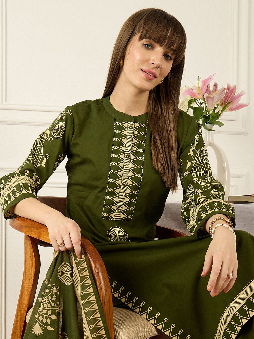 Floral Printed Thread Work Pure Cotton Kurta With Palazzos & Dupatta