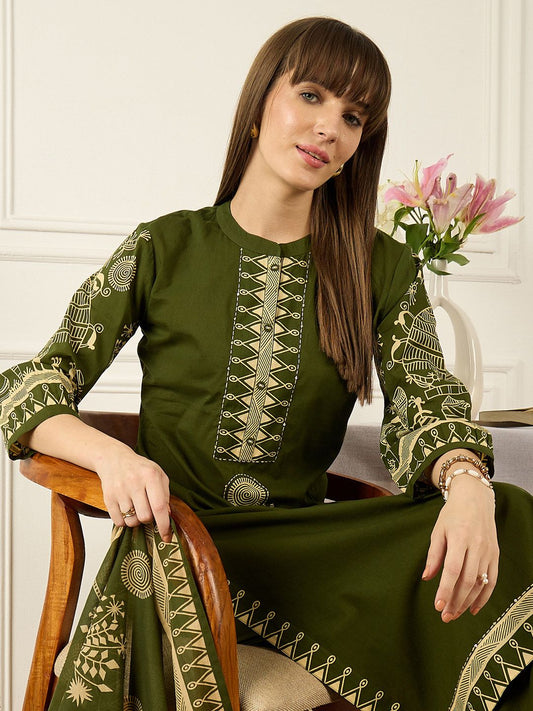 Floral Printed Thread Work Pure Cotton Kurta With Palazzos & Dupatta