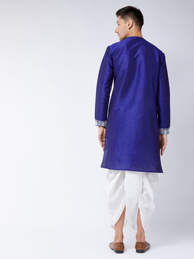 Men's Blue Silk Blend Angrakha Kurta and Dhoti Set