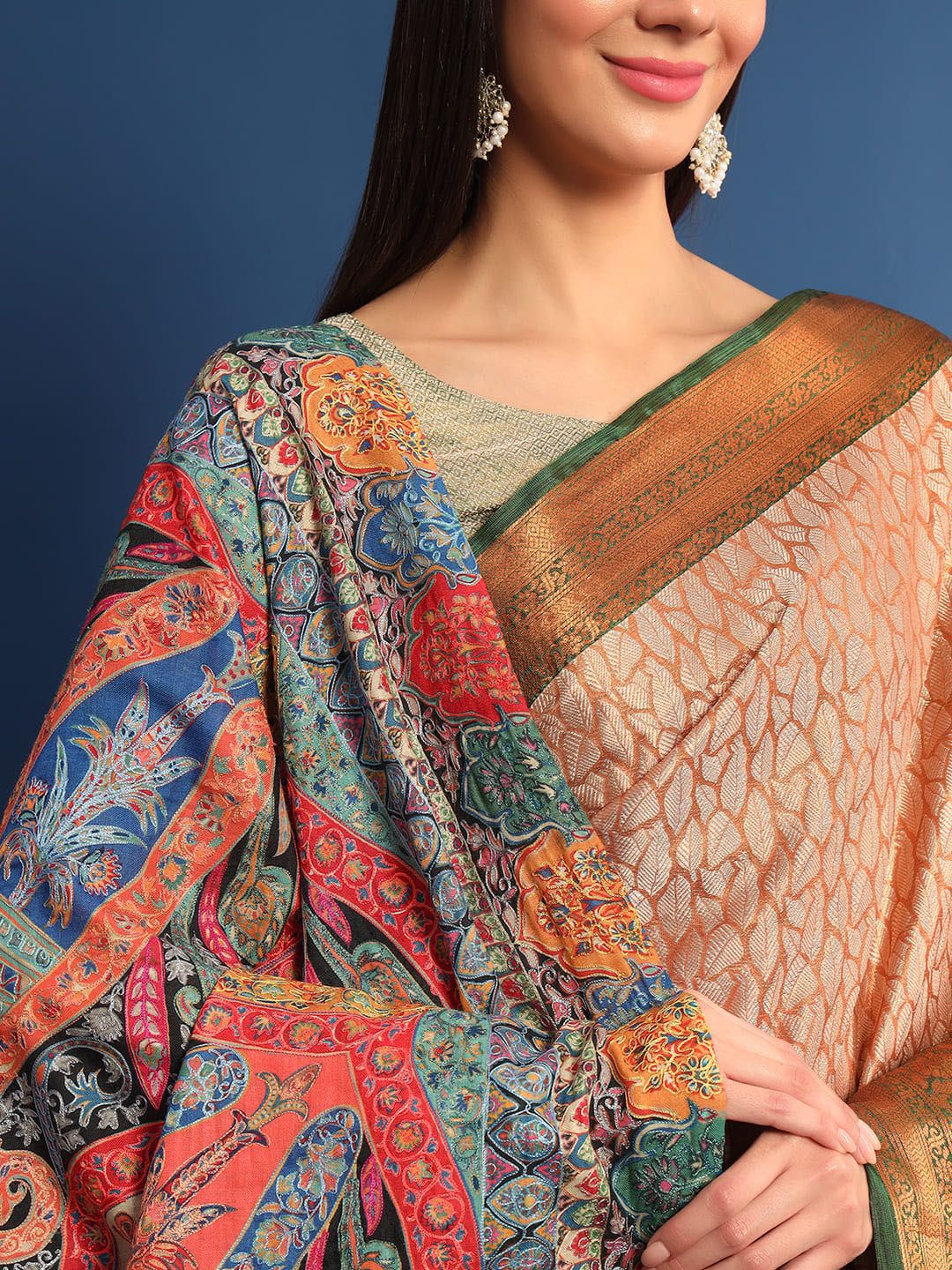 Dhiyona PA Ethnic Motifs Embroidered Woollen Kalamkari Shawl