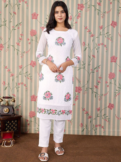 Dhiyona OD  Floral Embroidered Thread Work Floral Georgette Straight Kurta